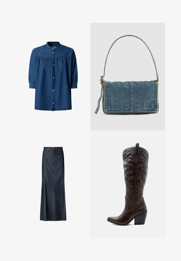 Donkerblauwe denimblouse met lange mouwen, geplooide inzet, mandarijnkraag en knoopsluiting aan de voorkant.; Denim midi-rok in donkerblauw met een strakke taille, zichtbare stiksels en een rechte pasvorm. Voorzien van een rits aan de voorkant en zakken.; Lange donkerbruine leren cowboylaars met gestikte decoratieve patronen, spitse neus en gestapelde blokhak.; Denim schoudertas met een opvouwbaar ontwerp, lichtblauwe kleur, zichtbare stiksels, verstelbare schouderband en een zijlabel accent.