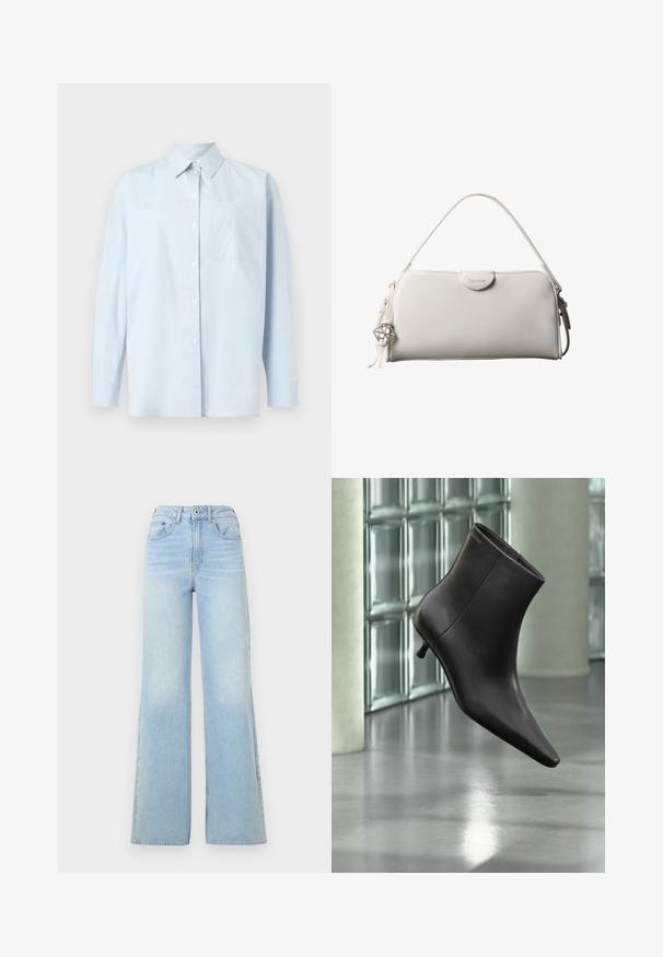 Hellblaues, langärmliges Hemd aus Baumwollstoff mit Knopfleiste. Verfügt über eine Brusttasche mit gesticktem Logo, klassischen Kragen und geraden Schnitt.; Hellblaue High-Waist-Jeans mit weitem Bein-Design. Verfügt über fünf Taschen und einen Knopfverschluss, aus Denim mit leichtem Verblassen.; Schwarzer Leder-Knöchelstiefel mit spitzer Spitze und kleinem Absatz vor einer Wand aus Glasbausteinen und einem polierten Boden.; Weiße rechteckige Calvin Klein Handtasche mit einem einzelnen Henkel, minimalistischem Design und dekorativen Quasten mit geometrischem Metallanhänger an der Seite.