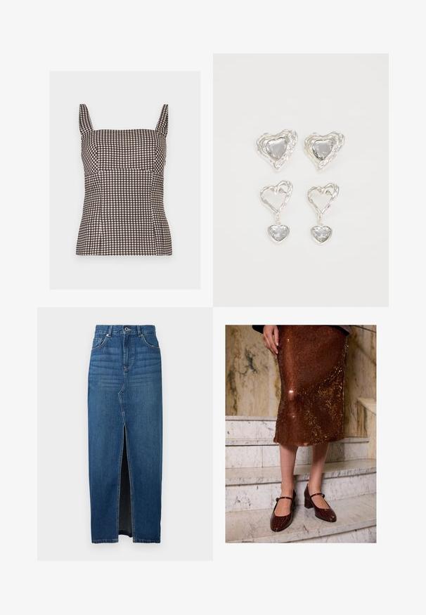 Brun og hvid gingham ternet ærmeløs tætsiddende top med firkantet udskæring og brede skulderstropper.; Jeansnederdel i mørkeblå, med en frontslid, høj talje og fem-lomme design. Lavet af solid denim materiale med synlige sømme.; Kvinne iført en brun paljettemidi-skjørt og mørkebrune krokodille-teksturerte Mary Jane-hæler som står på marmortrapper.; Sølvøreringe i hjerteform har facetterede klare sten med en struktureret ramme. Sættet inkluderer både studs og hængende stilarter.