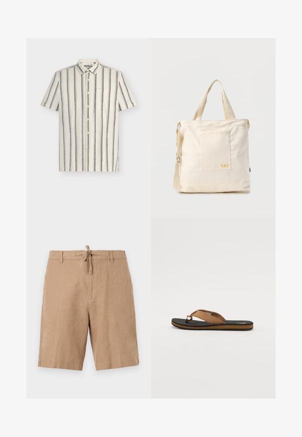 Beige overhemd met korte mouwen, verticale grijze strepen en een borstzakje op een effen achtergrond.; Beige knielange shorts met een tailleband met trekkoord en riemlussen, gemaakt van een lichtgewicht, gestructureerde stof.; Bruine teenslipper met een gestructureerde zwarte rubberen zool, voorzien van een gladde suède band en een minimalistisch ontwerp. De randkleur contrasteert met de zool.; Crèmekleurige canvas boodschappentas met voorvak, twee handvatten, verstelbare schouderriem en kleine gele "O.N.S" tekst rechtsonder op het vak.