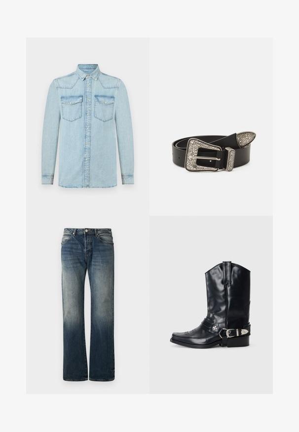 Lichtblauw denim overhemd met lange mouwen, knoopsluiting aan de voorkant, twee borstzakken met klep en een klassieke kraag.; Donkerblauwe wijde spijkerbroek van denim. Kenmerkt zich door vervaagde details, een traditionele vijf-pocketontwerp en een metalen knoopsluiting bij de taille.; Zwarte leren cowboylaars met een spitse neus, hoge schacht, decoratieve stiksels en zilveren gespsluiting op de band. Gestructureerde afwerking.; Zwarte leren riem met een ornate zilveren gesp, voorzien van ingewikkelde gravures en een decoratieve punt, die de textuur en ambacht benadrukt.