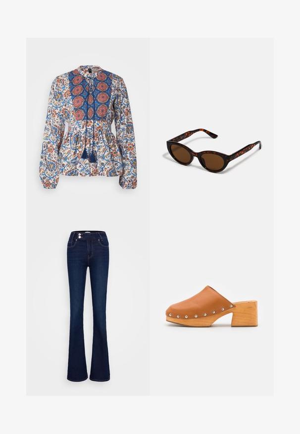 Blusa de manga larga en tejido ligero, con un estampado floral en azul, rojo y naranja. Incluye un embozo estampado y borlas.; Vaqueros azules oscuros acampanados hechos de mezclilla, con cintura alta, dos bolsillos delanteros y cierre de cremallera y botón con costuras en contraste.; ASRA JUDE - Zuecos - spice tan; Gafas de sol de carey marrón con una forma vintage de ojo de gato y lentes marrones. Presentan brazos curvados con acentos rojos.