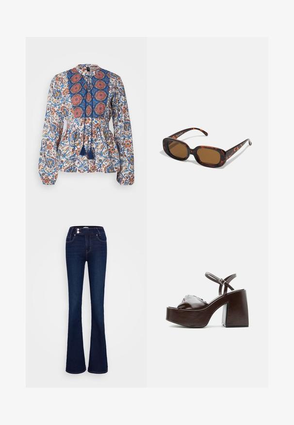 Blusa de manga larga en tejido ligero, con un estampado floral en azul, rojo y naranja. Incluye un embozo estampado y borlas.; Vaqueros azules oscuros acampanados hechos de mezclilla, con cintura alta, dos bolsillos delanteros y cierre de cremallera y botón con costuras en contraste.; Sandalia de plataforma de cuero marrón oscuro con tacón grueso de bloque, puntera abierta y correa ajustable en el tobillo con hebilla metálica.; Gafas de sol de carey con forma rectangular, lentes marrones, montura de plástico suave y varillas delgadas que presentan sutiles patrones tonales.
