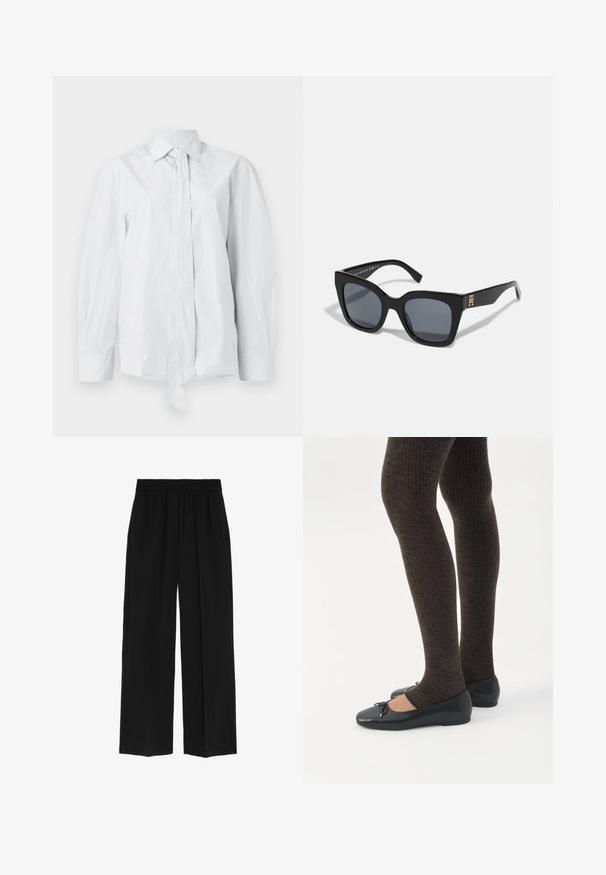 Hvid, langærmet skjorte med klassisk krave og forlænget frontsløjfe. Fremstillet af glat stof, med en afslappet pasform og uden mønstre.; Marks & Spencer WIDE LEG - Bukser - black; Ben iført mørke ribbede leggings kombineret med sorte balletsko med små sløjfedetaljer på hvid baggrund.; Sorte solbriller med en markant firkantet form, der har mørke linser og en guld-logo detalje på det ene arm. Fremstillet af glansfuldt plastmateriale.