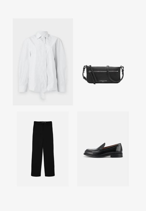 Camisa blanca de manga larga con un cuello clásico y un lazo alargado en la parte delantera. Hecha de una tela suave, presenta un corte relajado y sin estampados.; Pantalones negros de corte recto con trabillas, cremallera frontal y bolsillos laterales, colocados planos sobre un fondo claro.; Mocasín negro de piel sin cordones con tacón bajo, puntera redondeada y costuras estilo mocasín en la parte superior, mostrado desde el lado exterior.; Bolso bandolera de cuero negro con bolsillo frontal con cremallera, correa ajustable y logotipo plateado "Liebeskind Berlin".