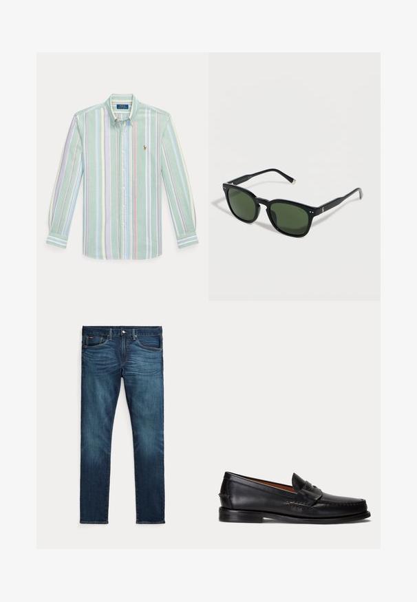 Langarmig overhemd met knopen en verticale pastelkleurige strepen in groen, blauw, roze en geel, met een kraag en het Polo Ralph Lauren-logo op de borst.; Donkerblauwe slim-fit jeans met vooraan een knoop en ritssluiting, vijf zakken en subtiel vervagen op de voorkant van de dijen en knieën.; Zwarte leren loafer met lage hak en penny-strap detail, van opzij getoond op een lichtgrijze achtergrond.; Zwarte rechthoekige zonnebril met donkergroene glazen en een klein Polo-logo op het montuur, geplaatst op een witte achtergrond.