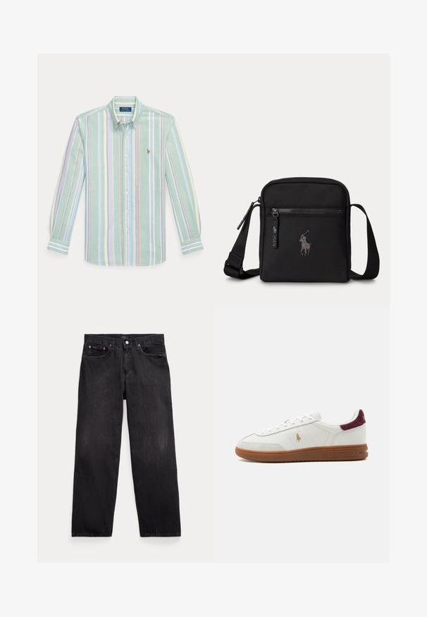 Langärmliges Hemd mit Knöpfen und vertikalen Pastellstreifen in Grün, Blau, Pink und Gelb, mit Kragen und Polo Ralph Lauren-Logo auf der Brust.; Schwarze Jeans mit geradem Bein, fünf Taschen, Knopfverschluss und sichtbaren Metallnieten an den vorderen Taschen.; Weißer Sneaker mit niedriger Schaft und brauner Gummisohle, goldenes Polo-Spieler-Logo an der Seite, weiße Schnürsenkel und bordeauxfarbene Wildleder-Fersenlasche, Marke Ralph Lauren.; Kleine schwarze Umhängetasche mit vorderer Reißverschlusstasche, verstellbarem Riemen und besticktem Polospieler-Logo auf der Vorderseite.