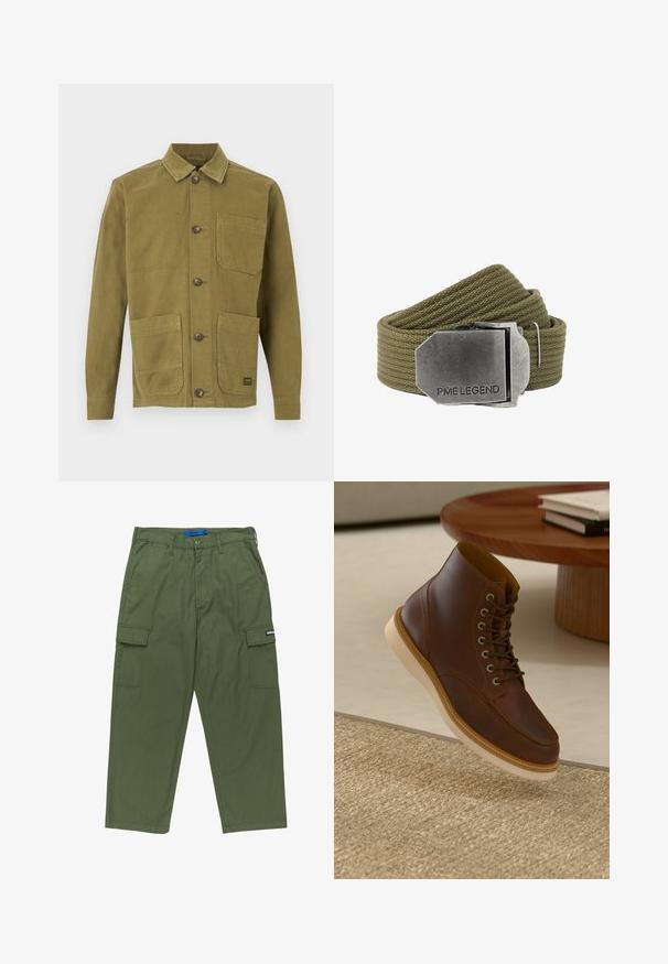 Olivgrüne Canvas-Jacke mit Kragen, zwei Fronttaschen und Knopfverschluss. Strukturierter Stoff mit sichtbaren Nahtdetails.; Grüne Cargo-Hosen mit geradem Schnitt, mehreren Seitentaschen und einem Reißverschluss. Hergestellt aus strapazierfähigem Baumwollstoff. Mit Markenlabel.; Braune Leder-Ankle-Boots mit beiger Sohle auf einem strukturierten beigen Teppich neben einem runden Holztisch mit gestapelten Büchern.; Olivgrüner gewebter Stoffgürtel mit einer großen rechteckigen gebürsteten Metallschnalle, auf der "PME LEGEND" eingraviert ist.