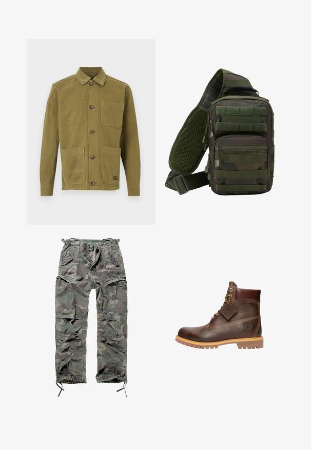 Olivgrüne Canvas-Jacke mit Kragen, zwei Fronttaschen und Knopfverschluss. Strukturierter Stoff mit sichtbaren Nahtdetails.; Tarnfarbene Cargo-Hose in Grün und Grau, ausgestattet mit mehreren Taschen, elastischem Bund, verstellbaren Knöchelbündchen und einer lockeren Passform.; Braune Leder-Ankelstiefel mit runder Zehenpartie, robuster Sohle, goldfarbener Hardware und strukturiertem Obermaterial. Enthält ein angehängtes Logo-Tag.; Grüner Tarn-Sling-Rucksack mit mehreren Reißverschlusstaschen, einem verstellbaren Gurt und einem Netzrückenpaneel zur Belüftung.