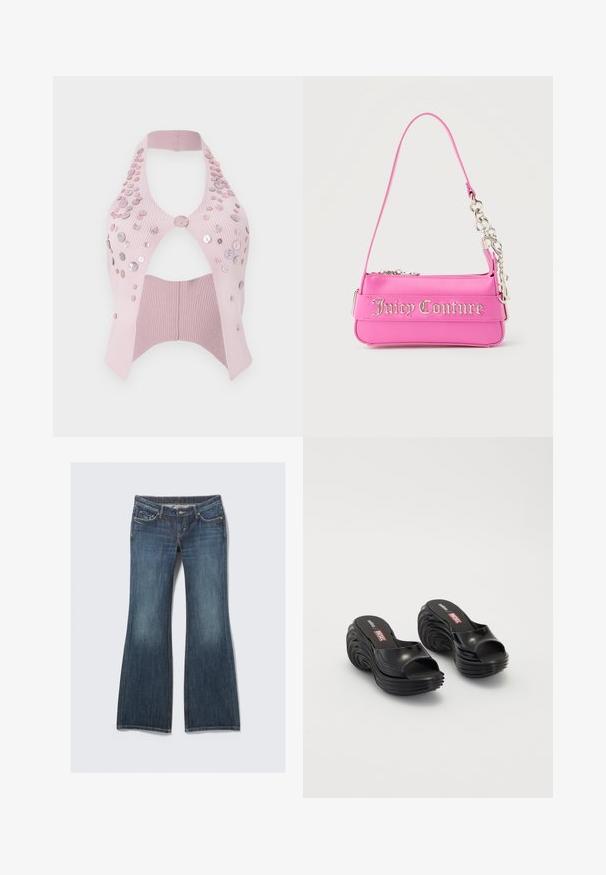 Lyserød ribbet kort top med halterneck, udført med udskæringer, pyntet med forskellige størrelser af blanke knapper på den ene side.; Mørkeblå denim-flare jeans med falmet vask. Har fem lommer, lynlåslukning og kontrastsyning langs sømmene.; Melissa MELISSA QUANTUM PLATFORM X DIESEL AD - Badesandaler - black; Lille lys pink Juicy Couture håndtaske med sølvkædedetalje og logotekst på forsiden, enkelt smalt skulderrem.