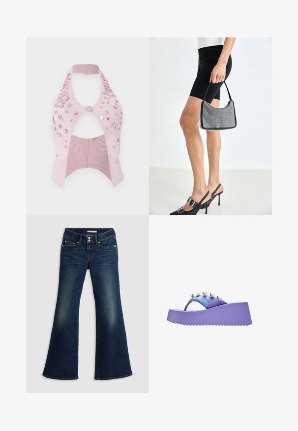 Lyserød ribbet kort top med halterneck, udført med udskæringer, pyntet med forskellige størrelser af blanke knapper på den ene side.; Mørkeblå denim superlow flare jeans med for- og baglommer, dobbelt knappelukning og slidte detaljer på lår og knæ.; Lilla flip-flop sandal med sølv sommerfugledekorationer på remmen og en struktureret sål.; Sort perlehandtaske med en buet silhuet, bærehåndtag og blank overflade. Båret med højhælede sorte sko og tætsiddende sorte shorts.