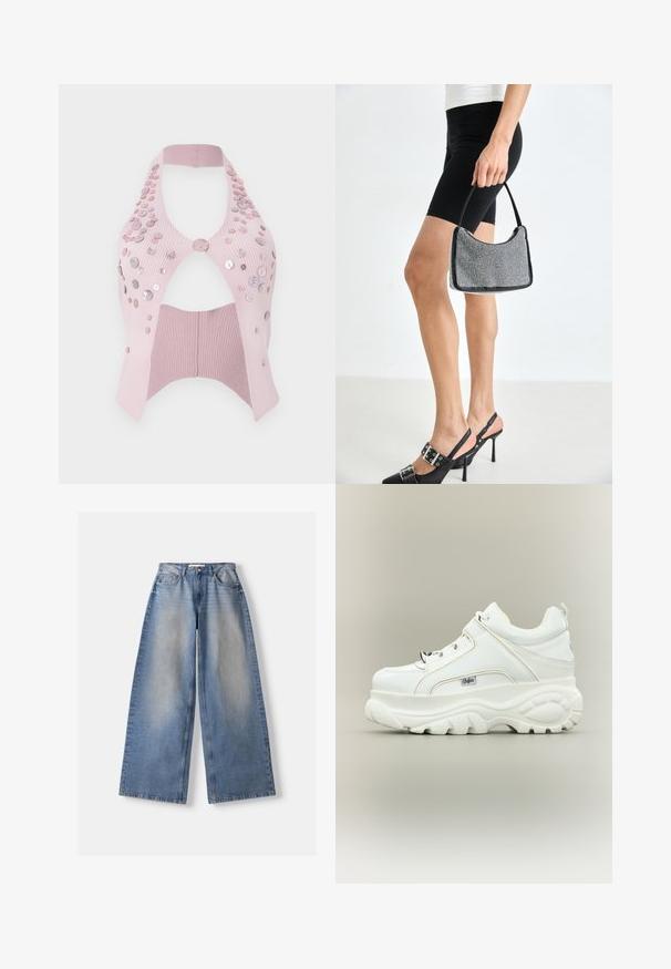 Lyserød ribbet kort top med halterneck, udført med udskæringer, pyntet med forskellige størrelser af blanke knapper på den ene side.; Lyseblå vidde jeans med falmet front, fem-lomme stil, knap- og lynlåslukning, lagt fladt på en hvid baggrund.; Hvid platformsneaker med tyk klodset sål, snørebånd foran og Buffalo-brandlogo på siden, vist fra ydersiden.; Sort perlehandtaske med en buet silhuet, bærehåndtag og blank overflade. Båret med højhælede sorte sko og tætsiddende sorte shorts.