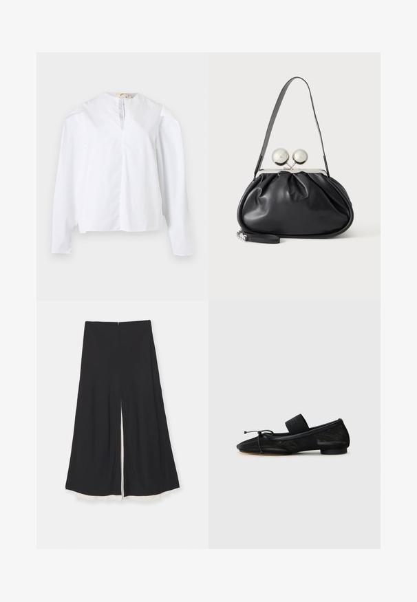 Blouse blanche à manches longues avec encolure ronde, fente à l'avant et coupe ample, présentée sur un fond clair uni.; Pantalon noir à jambes larges avec une fente devant, présentant une texture lisse et une doublure blanche contrastante au niveau de l'ourlet. Fermeture zippée au dos.; Chaussure plate noire avec un bout pointu, fabriquée en tissu texturé, avec un accent à nœud et un petit talon rond. Sangle élastique au niveau de la cheville.; Sac à main en cuir noir avec un design plissé, une sangle unique, un cadre métallique argenté et deux grandes fermoirs ronds en argent.