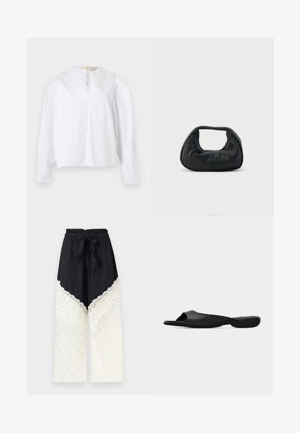 Blouse blanche à manches longues avec encolure ronde, fente à l'avant et coupe ample, présentée sur un fond clair uni.; Pantalon noir à jambes larges avec taille élastique et lien, présentant un détail en dentelle blanche du milieu de la cuisse jusqu'à l'ourlet.; Sandale noir à enfiler à bout ouvert avec semelle texturée et design minimaliste, vue de côté sur un fond gris clair uni.; Sac hobo tissé noir avec une structure souple et une poignée intégrée, présenté sur un fond clair uni.