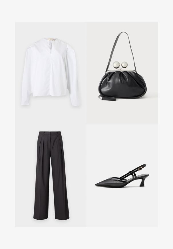 Blouse blanche à manches longues avec encolure ronde, fente à l'avant et coupe ample, présentée sur un fond clair uni.; Pantalons à jambe large en tissu gris anthracite, avec des plis sur le devant, une texture lisse, une taille mi-haute et des passants de ceinture.; Chaussure slingback noire à bout pointu avec tige en mesh, fines brides, boucle dorée et petit talon incurvé sur fond blanc.; Sac à main en cuir noir avec un design plissé, une sangle unique, un cadre métallique argenté et deux grandes fermoirs ronds en argent.