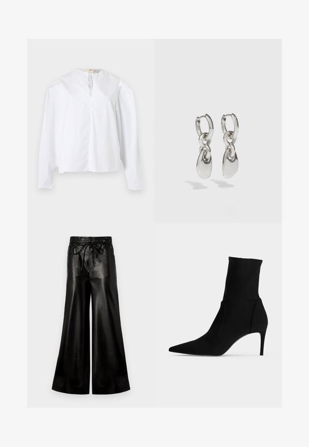 Blouse blanche à manches longues avec encolure ronde, fente à l'avant et coupe ample, présentée sur un fond clair uni.; Pantalons larges en cuir noir avec une taille à cordon de serrage. Texture lisse, taille haute, coupe décontractée, dotés de poches latérales et d'une fermeture à bouton.; Bottine noire à bout pointu et talon haut et fin, présentée de profil sur fond clair. Design épuré et minimaliste.; Boucles d'oreilles en argent avec des maillons ovales allongés, présentant une finition polie et un pendentif tombant texturé. Design simple avec des bords lisses.