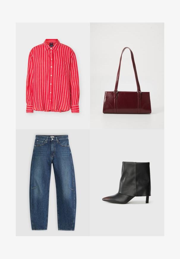 Chemise rouge à manches longues avec des rayures verticales blanches et une poche poitrine, présentée à plat sur un fond clair.; Jean en denim bleu foncé avec une coupe droite, dotés de poches avant, de surpiqûres contrastées et d'une texture légèrement délavée sur les jambes.; Bottine noire en cuir lisse avec un bout pointu et un talon effilé. La tige présente un design légèrement froncé.; Sac à main bordeaux en matériau brillant, de forme rectangulaire, avec deux anses et des accents légèrement courbés à l'avant.