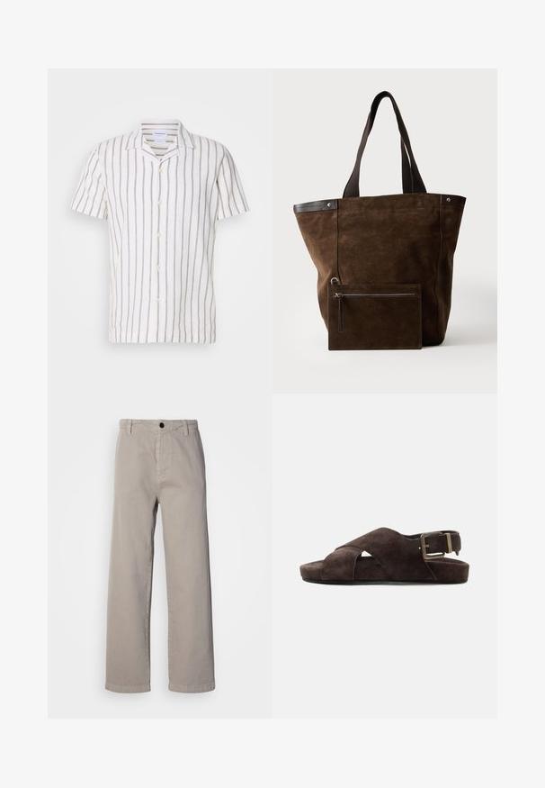 Chemise en lin à manches courtes avec des rayures verticales gris clair sur un fond blanc, dotée d'un col classique et d'une fermeture à boutons sur le devant.; Pantalons larges beiges en coton doux, dotés d'une fermeture à bouton et de passants de ceinture. Texture lisse avec un design épuré et minimal.; Sandale en cuir suédé marron avec brides croisées, boucle métallique réglable et semelle plate sur fond clair uni.; Sac cabas en daim marron foncé avec des poignées noires et une pochette rectangulaire zippée assortie fixée à l'avant.
