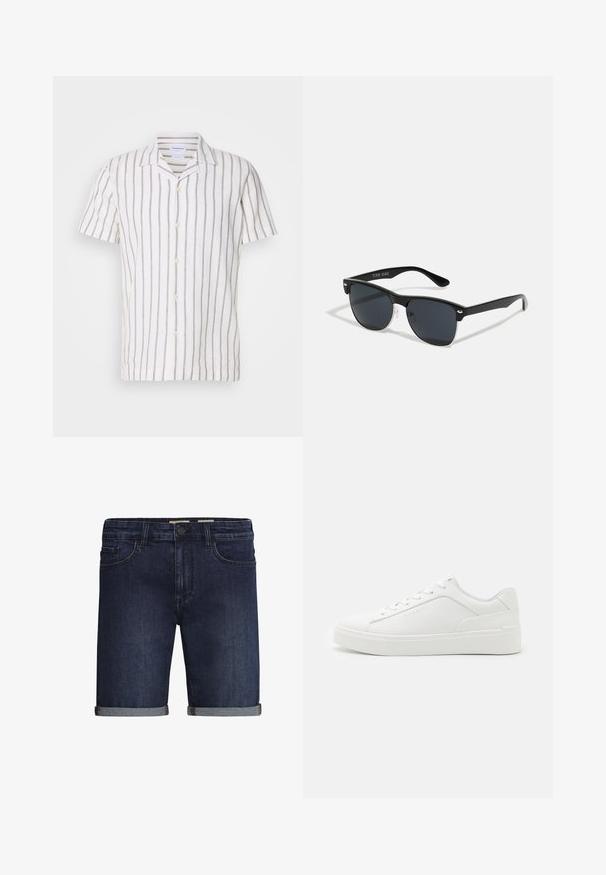 Kurzarmhemd aus Leinen mit hellgrauen vertikalen Streifen auf weißem Hintergrund, klassischem Kragen und Knopfverschluss vorne.; Dunkelblaue Denim-Shorts mit klassischem Fünf-Taschen-Design, umgeschlagenem Saum und Knopfverschluss. Glatte Textur.; Weiße Low-Top-Sneaker aus glattem Leder mit runder Schuhspitze, flachen Sohlen und dezentem Branding an der Seite.; Schwarze Sonnenbrille mit rechteckiger Form, dunklen Gläsern, silbernen Akzenten an den Bügeln und mattierter Oberfläche des Rahmens.