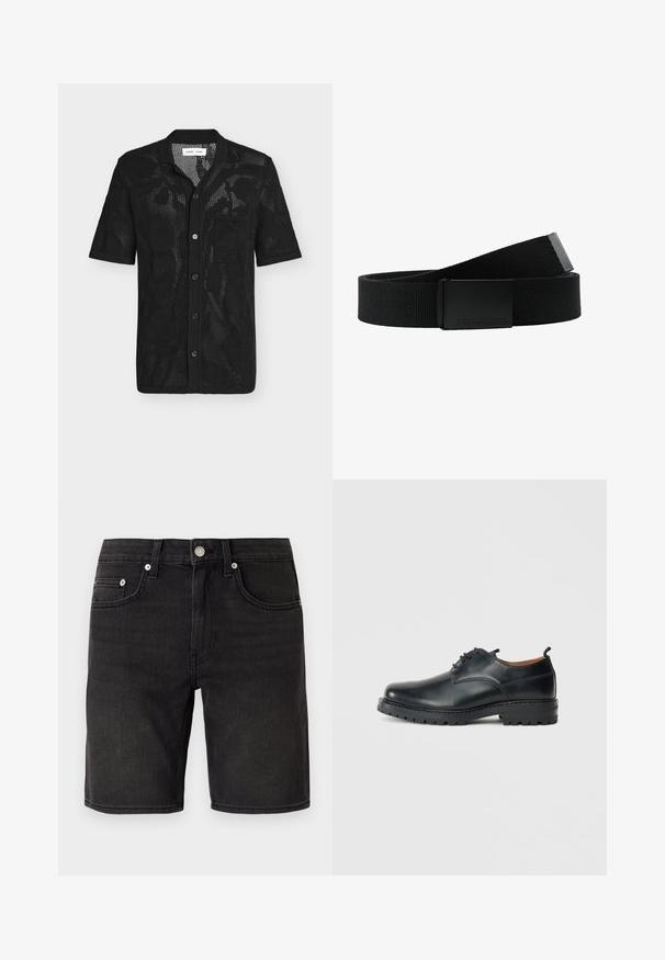 Schwarzes kurzärmliges Strickhemd mit floralem Spitzenmuster und Brusttasche, mit Kragen und fünf Knöpfen vorne.; Schwarze Denim-Shorts mit einem klassischen Fünf-Taschen-Design, Metallknopf und dezenten Steppnähten. Glatte Textur, knielanger Schnitt.; Schwarze Leder Derby-Schuhe mit glatter Textur, runder Zehenform, Schnürdesign und einer dicken, robusten Gummisohle.; Schwarzer Stoffgürtel mit strukturiertem Finish, ausgestattet mit einer rechteckigen schwarzen Metallschnalle. Die Schnalle ist mit dem Branding "Urban Classics" verziert.