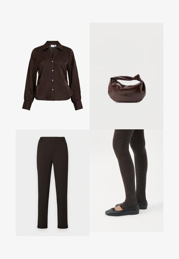 Blouse marron à manches longues avec un col chemise, une patte de boutonnage à l'avant et des détails froncés sur les côtés. Tissu lisse, satiné.; Pantalon slim noir avec passants de ceinture et poignets sur fond blanc uni.; Jambes portant des leggings côtelés foncés associés à des ballerines noires avec de petits détails en nœud sur fond blanc.; Sac bandoulière en cuir marron foncé avec une forme souple et décontractée et une anse nouée torsadée sur un fond blanc uni.