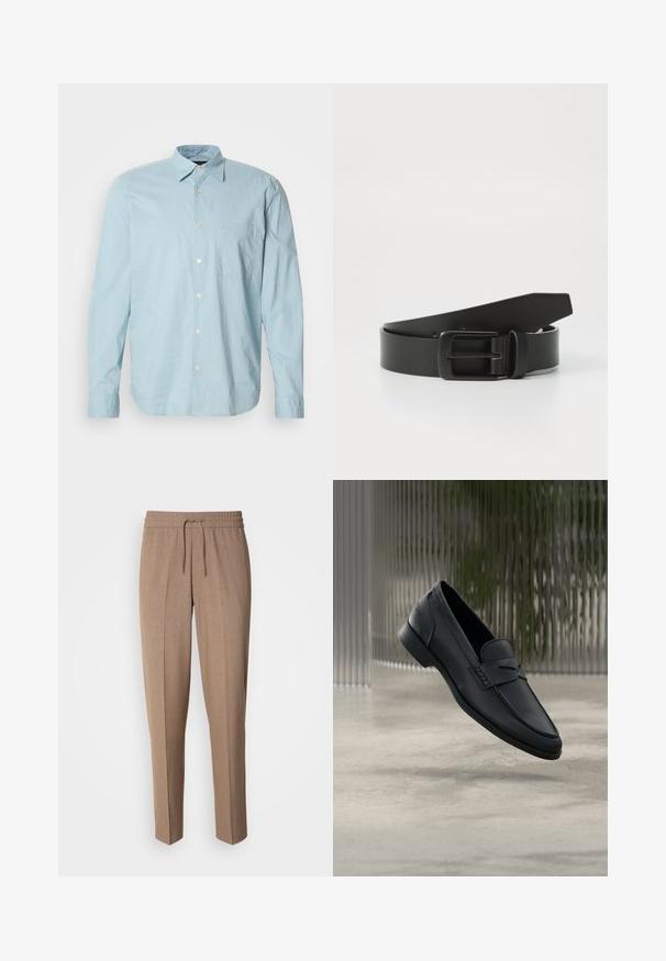 Lichtblauwe geruite overhemd met lange mouwen, met een button-down kraag, borstzak en witte knopen. Gemaakt van een gladde stof.; Bruine, geweven stoffen broek met een relaxte pasvorm, trekkoord taille en plooien aan de voorkant. Rechte pijpen en geen zichtbare zakken of hardware.; Zwarte leren loafer met een gladde afwerking, puntige neus en gestikte details over de wreef. Lage hak en minimalistisch ontwerp.; Zwarte leren riem met een matte zwarte metalen gesp, met een gladde textuur en eenvoudig ontwerp. Verstelbare lengte met een taps toelopend uiteinde.