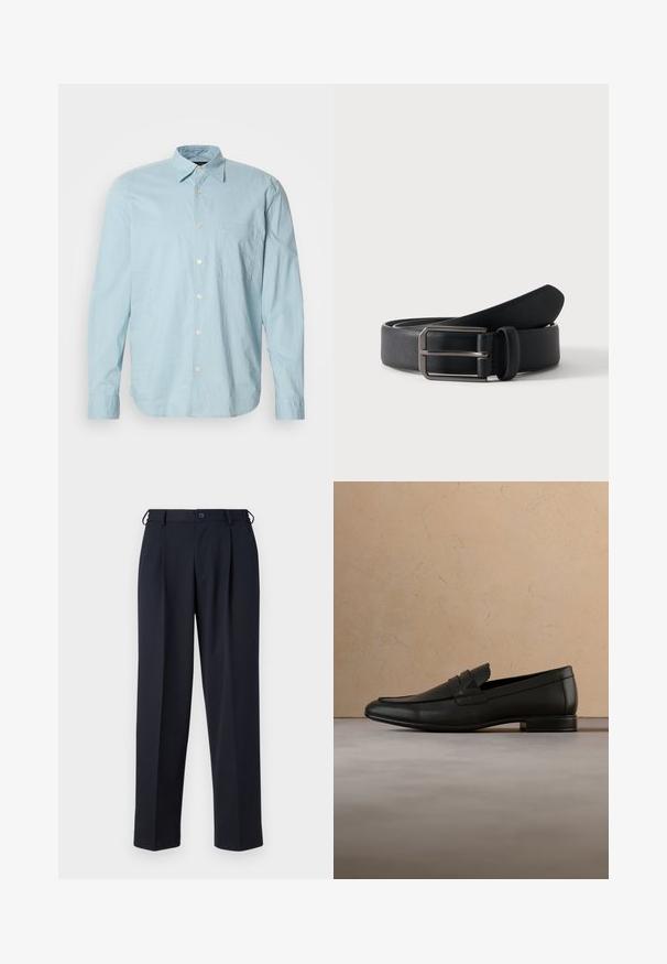 Helles blau karierter Langarmshirt mit Button-Down-Kragen, Brusttasche und weißen Knöpfen. Hergestellt aus einem glatten Stoff.; Marineblaue, maßgeschneiderte Hose mit Knopf- und Reißverschluss vorne, Gürtelschlaufen und Seitentaschen, gezeigt auf weißem Hintergrund.; Schwarzer Lederloafer schwebt über einem beigen Teppich mit beigem Sofa in einem minimalistischen Innenraum.; Schwarzer Ledergürtel, zusammengerollt mit rechteckiger silberner Metallschnalle auf schlicht hellem Hintergrund.