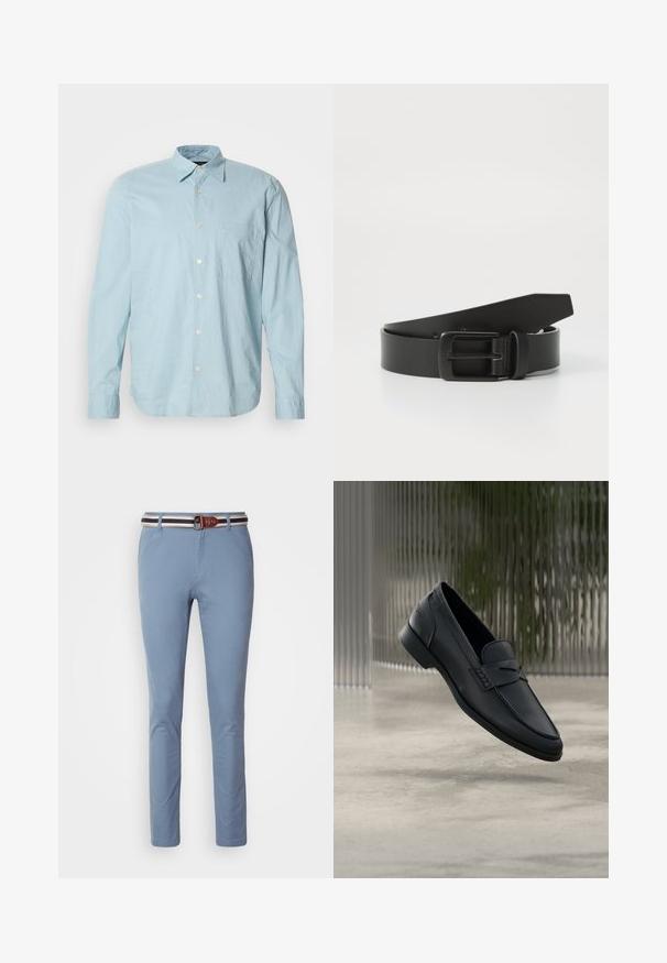 Helles blau karierter Langarmshirt mit Button-Down-Kragen, Brusttasche und weißen Knöpfen. Hergestellt aus einem glatten Stoff.; Hellblaue Hose im Slim Fit, ausgestattet mit einem braunen Ledergürtel mit weißen und navyblauen Streifenakzenten. Glatte Stofftextur, klassisches Design.; Schwarzer Lederloafer mit glatter Oberfläche, spitzer Zehenpartie und gestickten Details über dem Spann. Niedriger Absatz und minimalistisches Design.; Schwarzer Leder Gürtel mit einer mattschwarzen Metallschließe, ausgestattet mit einer glatten Textur und einfachem Design. Verstellbare Länge mit zulaufendem Ende.