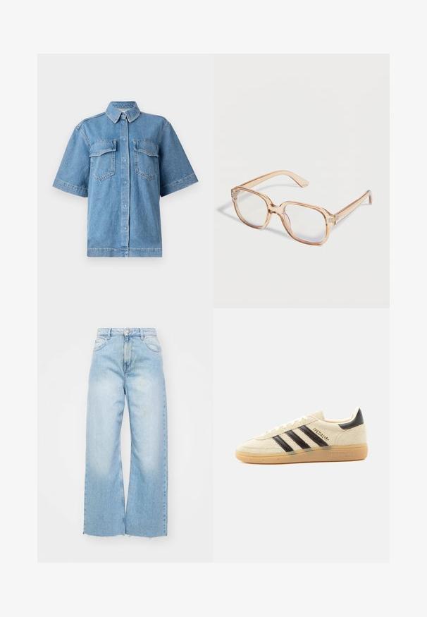 Blauwe denim overhemd met korte mouwen en een kraag, twee borstzakken en knoopsluiting. Heeft een losse pasvorm en een vervaagde textuur.; Lichtblauwe wijde spijkerbroeken van denim, met een hoge taille, vervaagde details, een knoopsluiting en een ruwe zoom aan de onderkant.; Crèmekleurige suède sneaker met zwarte strepen, rubberen zool, zwart hieltabje en gouden "SPEZIAL" tekst aan de zijkant.; Doorzichtige lichtbruine rechthoekige brillenmonturen met heldere glazen, tentoongesteld op een witte achtergrond.