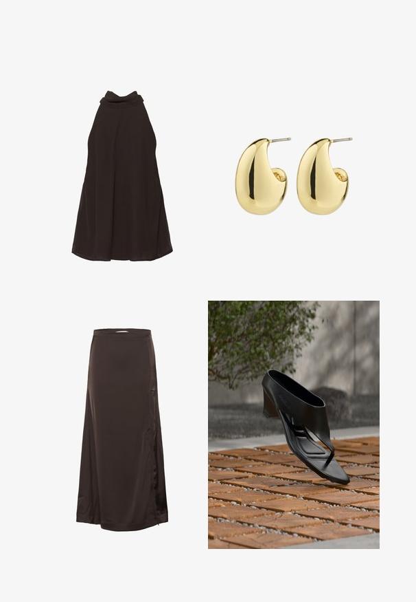 Vestido negro sin mangas con cuello halter, corte suelto y un cuello alto ligeramente drapeado.; Larga falda de satén marrón oscuro con cintura entallada y sutil abertura lateral, textura suave y ligero brillo.; Sandalia negra de tacón alto con tira entre los dedos, flotando sobre una superficie exterior de madera y grava con patrón, con vegetación desenfocada y pared al fondo.; Pendientes de stud en tono dorado con una superficie suave y pulida, que presentan una forma abstracta en forma de lágrima. Hardware de metal simple para la sujeción.