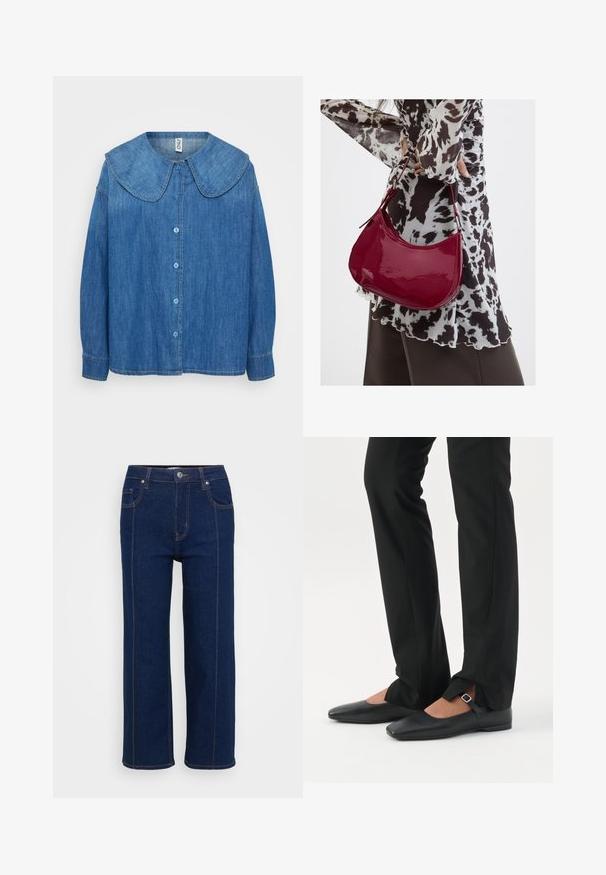 Denim shirt met een grote, ronde kraag, lange mouwen en een sluiting met knopen aan de voorkant in middelblauw. Geen zichtbare patronen of accenten.; Donkerblauwe rechte jeans met knoopsluiting, voor- en achterzakken, en zichtbare oranje stiksels langs de naden.; Benen met zwarte smalle broek met voorsplitten aan de zoom, gecombineerd met zwarte platte Mary Jane-schoenen met een klein gespje.; Vrouw met een zwart-wit gebloemde blouse houdt een glanzende rode schoudertas vast tegen een effen achtergrond.