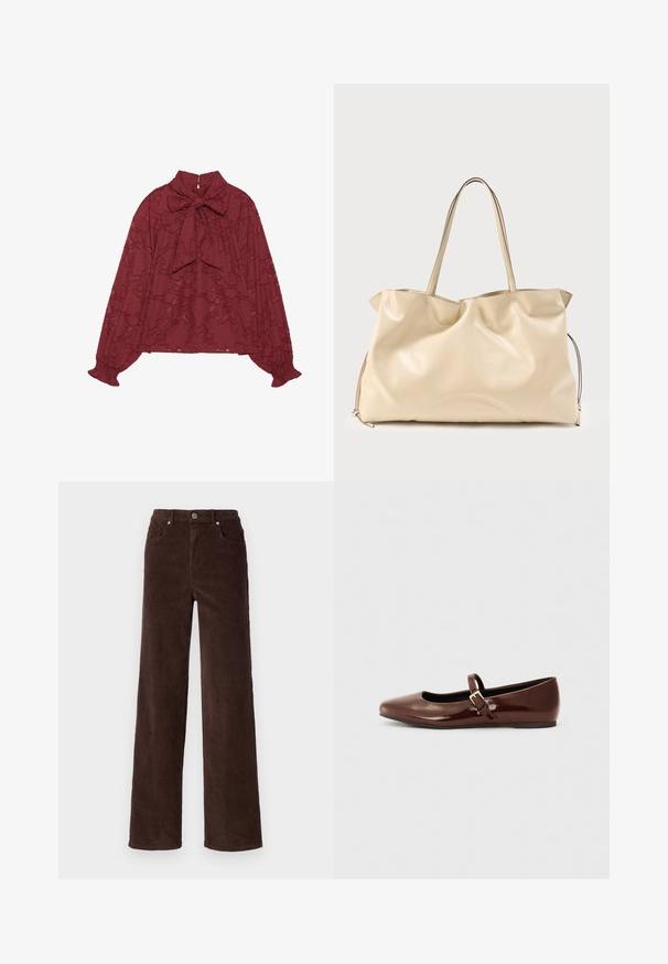 Burgundi pluus kõrge kaelusega ja lipsuga. Tekstuuritud lillemuster, pikad varrukad elastsete mansettidega ning kergelt volangilised detailid.; Vero Moda VMTESSA WIDE PANTS - Püksid - chocolate torte; Pruun patendiga nahast pallisaapad ruudukujulise varbaga ja rihmaga, millel on väike kuldne pandla. Sile tekstuur, madal konts ja minimalistlik disain.; Suur pehme beež nahast kandekott kahe pika sangaga ja veidi lõtvunud kujuga, ühtlase taustaga.