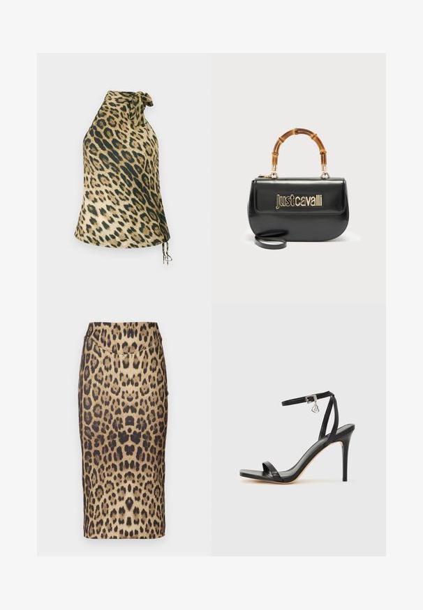 Leopardprint haltertop van zachte stof. Heeft een striksluiting in de nek en decoratieve koordjes aan de onderkant. Kleurenpalet met beige en donkergroen.; Een kokerrok met luipaardprint, met een aansluitend ontwerp, een middelhoge taille en een gladde textuur. Het patroon bestaat uit verschillende bruine en zwarte vlekken.; Zwarte sandaal met hoge hak, smalle enkelband, vierkante neus, soepel leermateriaal en metalen gespsluiting.; Zwarte leren handtas met goudkleurig "Just Cavalli"-logo aan de voorkant en een gebogen bamboe handvat, voorzien van een afneembare lange riem.
