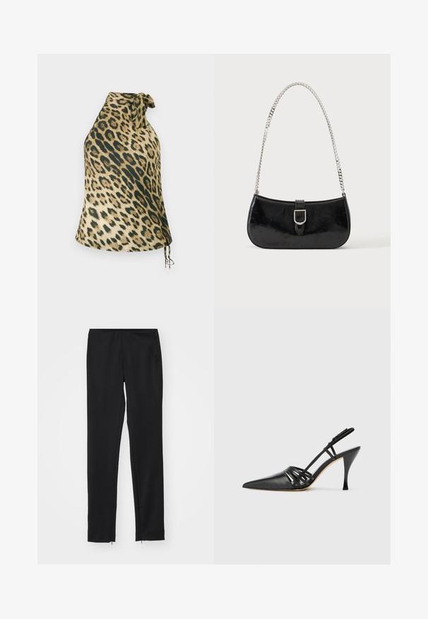 Top halter de estampado de leopardo en tejido suave. Presenta un cierre de cuello atado y cordones decorativos en el dobladillo. La paleta de colores incluye beige y verde oscuro.; Pantalones negros de corte ajustado con cintura elástica, textura suave y detalles con cremallera en el dobladillo. Fabricados con tejido ligero.; Zapato de tacón alto de charol negro con punta afilada, diseño de tiras entrecruzadas y tacón de aguja delgado. Textura suave y acentos mínimos.; Bolso de hombro de charol negro con detalle de hebilla plateada y correa de cadena plateada, presentado sobre un fondo liso y claro.