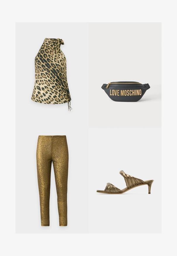 Leopardprint haltertop van zachte stof. Heeft een striksluiting in de nek en decoratieve koordjes aan de onderkant. Kleurenpalet met beige en donkergroen.; Gouden metallic legging met een getextureerd, verticaal streep patroon. De stof heeft een glanzende afwerking en een slanke, aansluitende pasvorm.; Gouden slip-sandalen met een geprofileerd ontwerp, open teen en een lage hak. Glad oppervlak met een lichte glans.; Zwarte leren heuptas met goudkleurige ritssluiting en grote gouden "LOVE MOSCHINO" letters aan de voorkant.