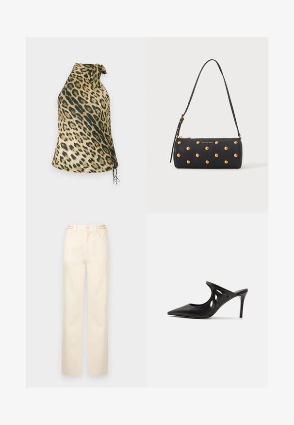 Halter top s leopardím vzorom vyrobený z mäkkej látky. Obsahuje viazanie na krku a dekoratívne sťahovanie na leme. Paleta farieb zahŕňa béžovú a tmavozelenú.; Rabanne Džínsy s rovným strihom - off white denim; Čierne kožené vysoké špičaté papuče s výrezmi po stranách a hladkou textúrou. Stiletto podpätok a jemný steh.; Čierna valcovitá kabelka so zlatými cvokmi a nastaviteľným ramenným popruhom s logom "Michael Kors" v zlatej farbe vpredu.