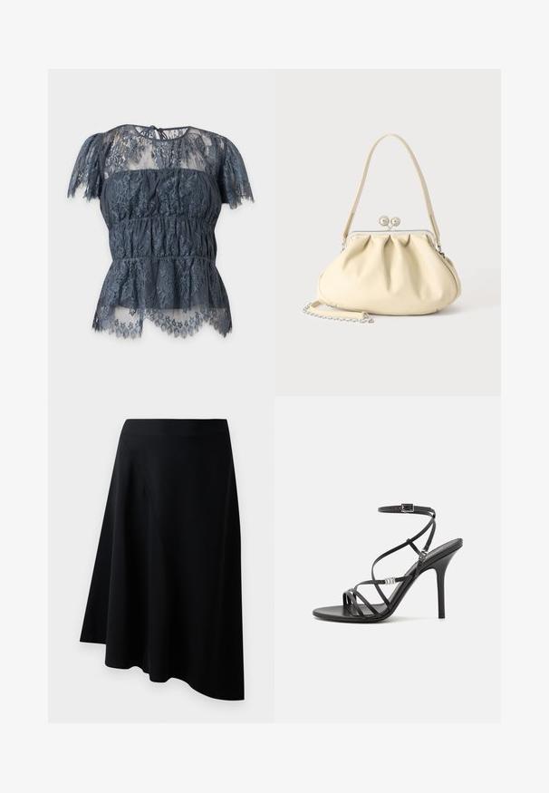 Dunkelgraue Spitzenbluse mit kurzen Ärmeln, floralen Mustern, transparenten oberen und unteren Bereichen und einer Bindung am hinteren Halsausschnitt.; Schwarze A-Linien-Rock aus glattem Material, mit diagonalen Nahtdetails und einem fließenden Design, das am Saum leicht fällt.; Schwarze High-Heel-Sandale mit dünnen Riemen, einem Knöchelverschluss, einer glatten Lederoberfläche und einem schlanken Stiletto-Absatz.; Cremafarbene weiche Lederhandtasche mit gerafftem Design, silbernem Rahmenschloss, kurzem Griff und abnehmbarem Kettenriemen.