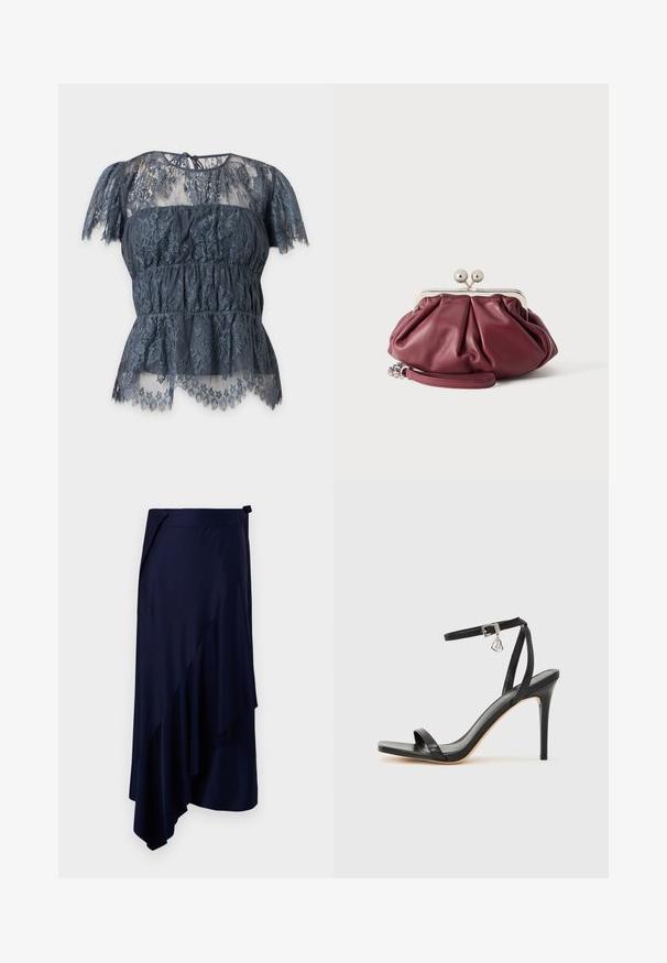 Dunkelgraue Spitzenbluse mit kurzen Ärmeln, floralen Mustern, transparenten oberen und unteren Bereichen und einer Bindung am hinteren Halsausschnitt.; Rabanne Bleistiftrock - deep navy; Schwarze High-Heel-Sandale mit schmalem Knöchelriemen, quadratischer Zehenbox, glattem Leder und metallischem Schnallenakzent.; Kleine bordeauxrote Leder-Clutch mit silbernem Metallverschluss und Handgelenksriemen auf weißem Hintergrund.