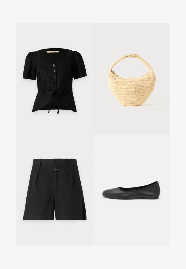 Sort linen bluse med korte puffærmer, firkantet halsudskæring, fem sorte knapper foran og et bånd i taljen. Struktureret stof.; CLOSED REVYL - Denimshorts - black; Sort læderballetsko med rund tå, glat tekstur, minimal syning og et fleksibelt såldesign.; Beige vævet håndtaske med afrundet krop, lynlås, og en kort, tyk strop i en enkel, tekstureret hæklestil.