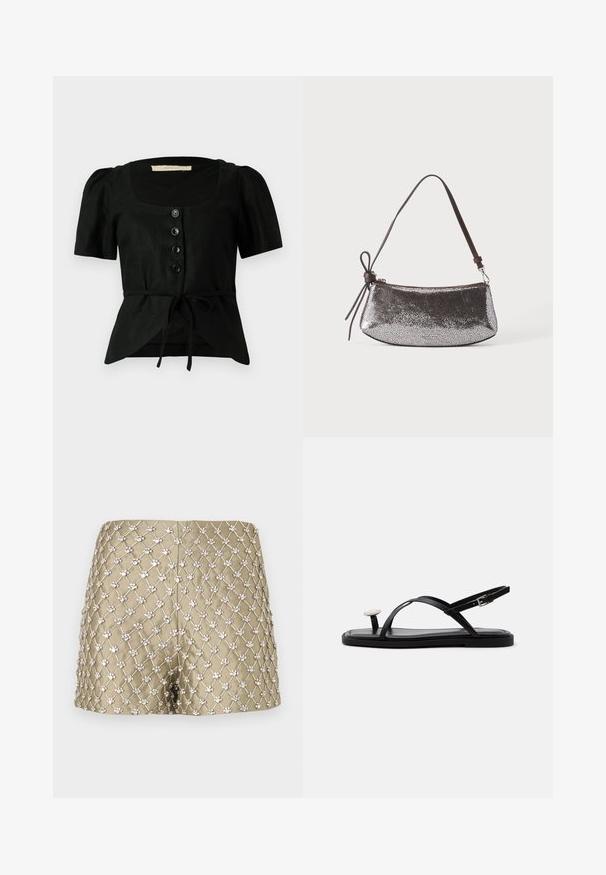 Blouse en lin noir avec des manches bouffantes courtes, décolleté carré, cinq boutons noirs à l'avant et un lien à la taille. Tissu texturé.; Shorts dorés présentant un motif en treillis diamant avec des ornements décoratifs de couleur argentée, un tissu lisse et une coupe ajustée.; Sandale plate noire avec fines brides croisées, boucle à la cheville et une grande décoration ronde blanche de style perle sur la lanière entre les orteils.; Petit sac à main argenté métallique avec une surface texturée, une courte sangle marron foncé et un nœud décoratif noué d'un côté.