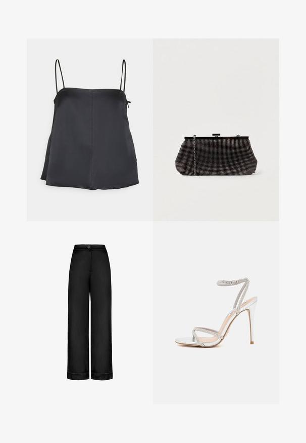 House of Dagmar SHINY STRAP TOP - Top - dark navy; Sorte, højtaljede bukser med vidde i benene, frontlukning med knapper og opslag ved buksebenene, glat stof uden synlige lommer eller mønstre.; Sølv højhælede sandal med tynde stropper, prydet med rhinsten, og med et elegant design og spids tå.; Sort mesh clutch-taske med en struktureret silhuet, prydet med små metalstuds, har en låsemekanisme og en aftagelig kæderekke.