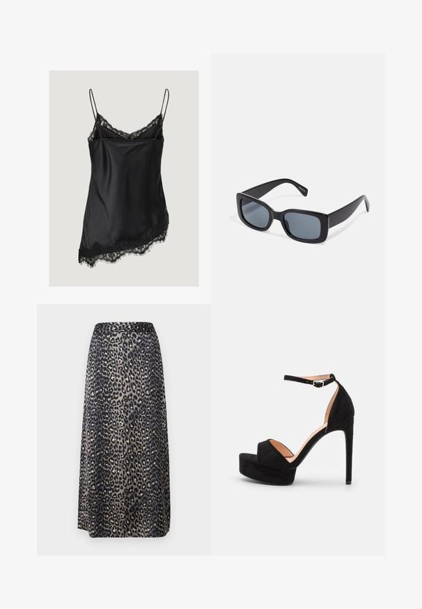 Schwarzes Satin-Camisole mit dünnen Trägern und Spitzenbesatz entlang des Ausschnitts und des asymmetrischen Saums.; Ein Midikleid aus Leopardenmuster mit glattem Stoff, einer Schwarz-Beige-Farbkombination und einer geraden Silhouette mit einem Bund.; Schwarze Wildleder-Peeptoe-Sandale mit hoch gelegener Plateausohle, Knöchelriemen mit silberner Hardware, offenem Zehenbereich und glatter Textur.; Schwarze rechteckige Sonnenbrille mit dunkel getönten Gläsern, dickem Kunstrahmen und breiten Bügeln. Glatte Oberfläche und kantiges Design.