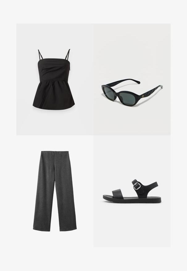 Sort peplum top med justerbare spaghetti-stropper, glat tekstur, tætsiddende liv, udvidet bund og uden synligt hardware.; Bredde bukser lavet af mørkegrå stof med en glat tekstur. Har en mellemhøj talje og ingen synlige lukninger eller udsmykninger.; Sorte sandaler med flad sål, justerbar spænde, to brede stropper og glat overflade, designet til komfort og nem brug.; Sorte katteøje-solbriller med mørke linser og et gyldent logo på stængerne, vist på en ensartet lys baggrund.