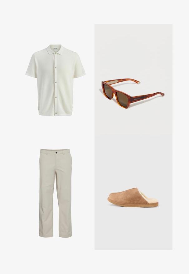Camisa de punto texturizado color crema de manga corta con botones en el frente y cuello clásico, etiqueta de marca en el interior del cuello.; Pantalones de algodón beige con diseño de pierna recta, bolsillos delanteros y cierre de un solo botón. Textura suave y detalles mínimos de costuras.; Zapatilla marrón de ante tipo slip-on con forro suave de forro polar color crema y suela de caucho, mostrada en perfil lateral sobre fondo blanco.; Gafas de sol rectangulares con montura carey y lentes oscuras, con la marca "GUCCI" en las varillas, mostradas en ángulo sobre fondo blanco.