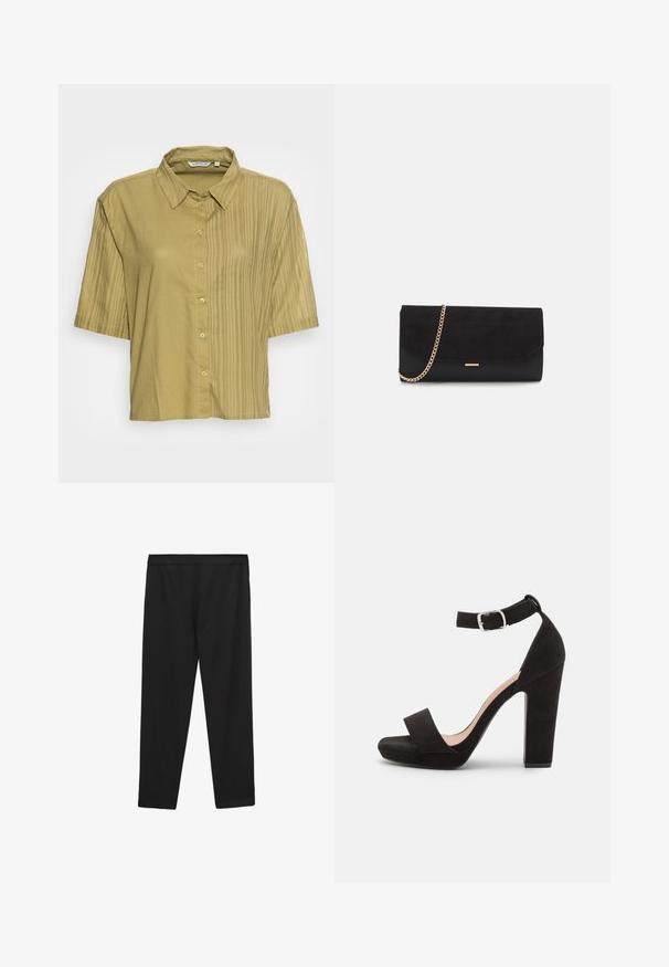 TOM TAILOR BLOUSE TONAL STRIPE MIX - Bluse - moderate olive; Schwarze, dehnbare Sporthosen mit glatter Textur, elastischem Bund und geradem Schnitt, geeignet für Sportbekleidung oder lässige Nutzung.; Anna Field by Zalando Riemensandalette - black; Schwarze Clutch aus Wildleder mit strukturierter Oberfläche, ausgestattet mit einem goldenen Kettenriemen und einem eleganten, kantigen Design.