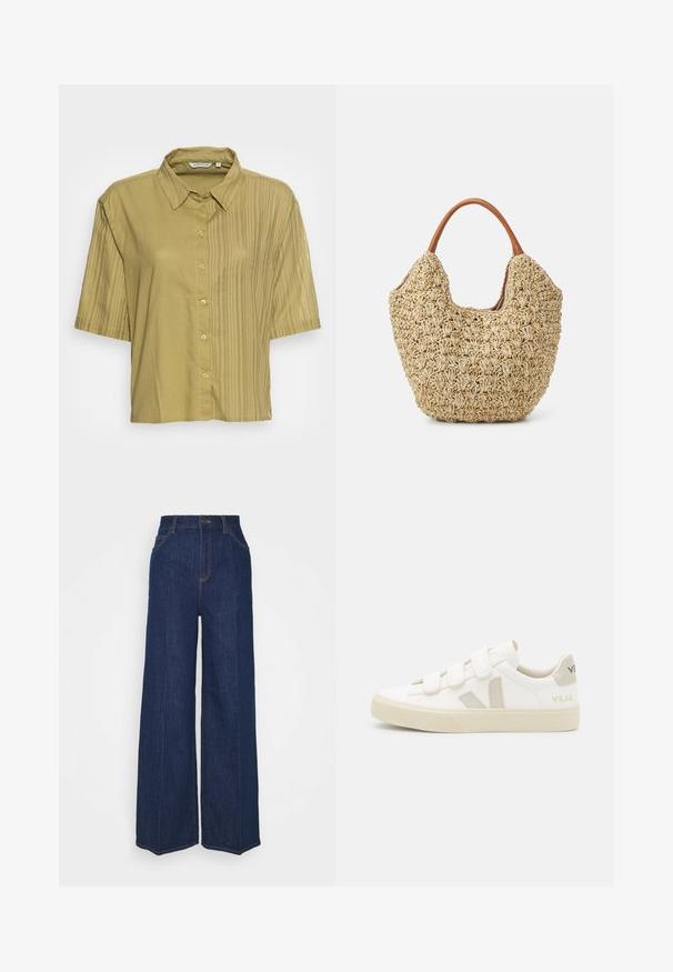 TOM TAILOR BLOUSE TONAL STRIPE MIX - Blouse - moderate olive; Jean en denim bleu foncé à taille haute et jambes larges, avec poches avant et arrière, fermeture à bouton et coutures visibles.; Baskets blanches avec des bandes Velcro, accents en daim beige, semelle en caoutchouc texturée et logo V gris. Design minimaliste, forme arrondie.; Sac fourre-tout en paille tissée avec une texture naturelle et une forme douce et organique, doté de poignées en cuir brun pour un transport facile.