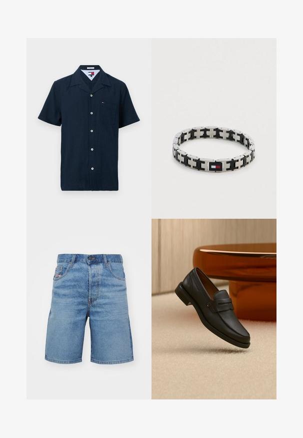 Camisa de manga corta azul marino con cuello puntiagudo y bolsillo en el pecho con un pequeño logo de bandera.; Pantalones cortos de mezclilla azul claro con un corte clásico, ligero desvanecimiento, diseño de cinco bolsillos y costuras tono cobre. Presentan un cierre frontal con botón.; Mocasín de hombre de cuero negro con una banda en la parte superior, exhibido sobre una alfombra beige cerca de una mesa circular moderna marrón.; Pulsera metálica con eslabones alternados en plata y negro, que presenta un cierre rectangular con un detalle de logo en rojo, blanco y azul.