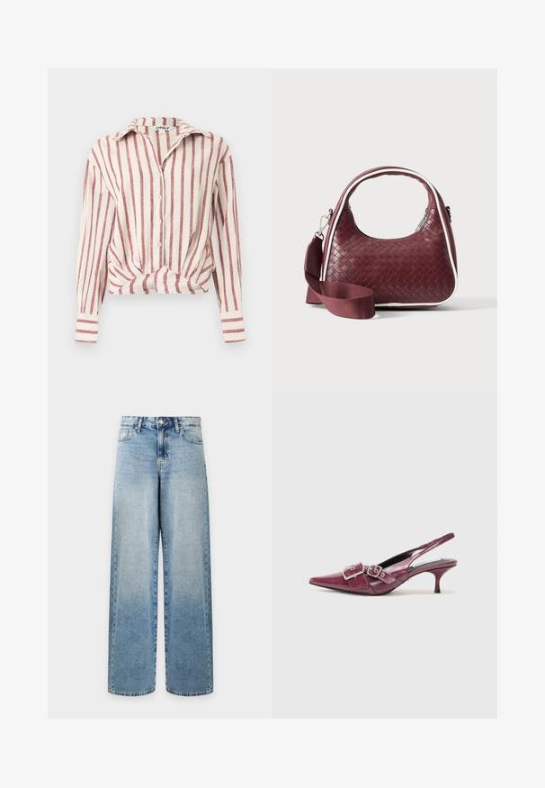 Witte blouse met lange mouwen, knoopsluiting, verticale rode strepen en een geknoopt voorpand, kraag en manchetten.; Lichtblauwe denim jeans met wijde pijpen, klassiek ontwerp met vijf zakken en knoopsluiting, voorkant weergegeven op een witte achtergrond.; Bordeaux leren slingback schoen met puntige neus, kleine hak en dubbele gespsieraden. Gladde textuur met gestikte details.; Donkerrode geweven leren handtas met gebogen handvat, witte bies, zilveren rits en afneembare brede stoffen schouderriem tegen een effen achtergrond.