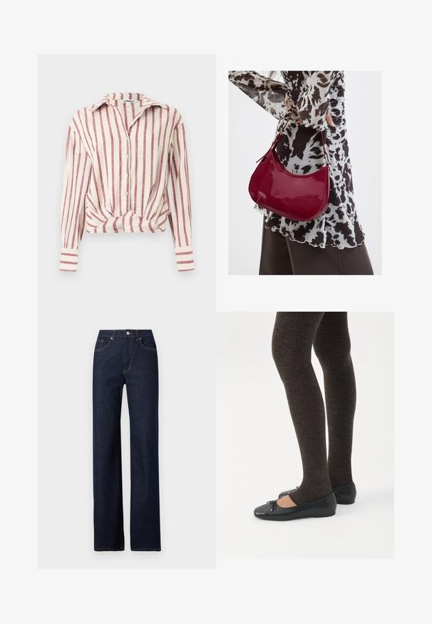 Witte blouse met lange mouwen, knoopsluiting, verticale rode strepen en een geknoopt voorpand, kraag en manchetten.; Donkerblauwe denim jeans met een rechte pijp, klassieke vijf-pocketstijl, zichtbare stiksels en een knoopsluiting aan de voorkant.; Benen met donkere geribbelde leggings gecombineerd met zwarte ballerina's met kleine strikdetails op een witte achtergrond.; Vrouw met een zwart-wit gebloemde blouse houdt een glanzende rode schoudertas vast tegen een effen achtergrond.