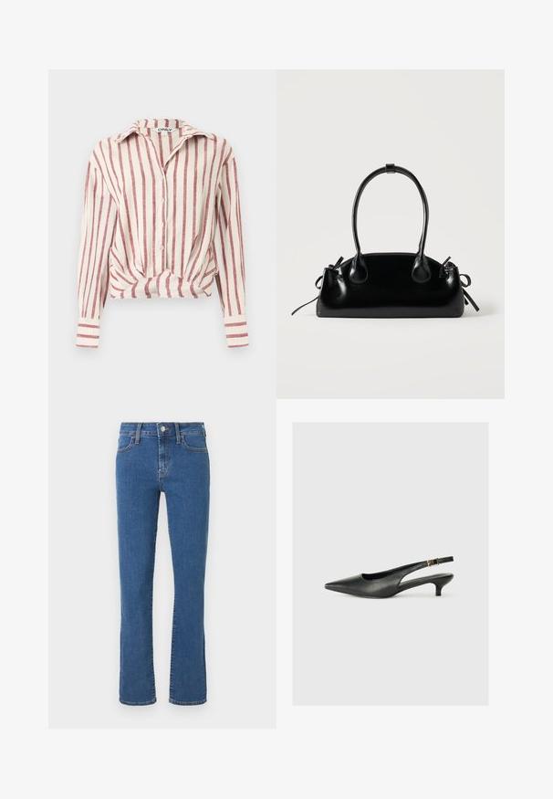 Blouse blanche à manches longues boutonnée avec des rayures rouges verticales et un nœud à l'avant, col et manches avec poignets.; Jean en denim bleu à jambes droites avec fermeture bouton et fermeture éclair à l'avant, poches avant et arrière, et détails de coutures orange.; Chaussure slingback noire à bout pointu en cuir lisse. Présente un talon fin et un détail de boucle sur la sangle réglable.; Petit sac à main noir brillant avec deux longues anses et des détails à cordon sur les côtés sur un fond clair uni.